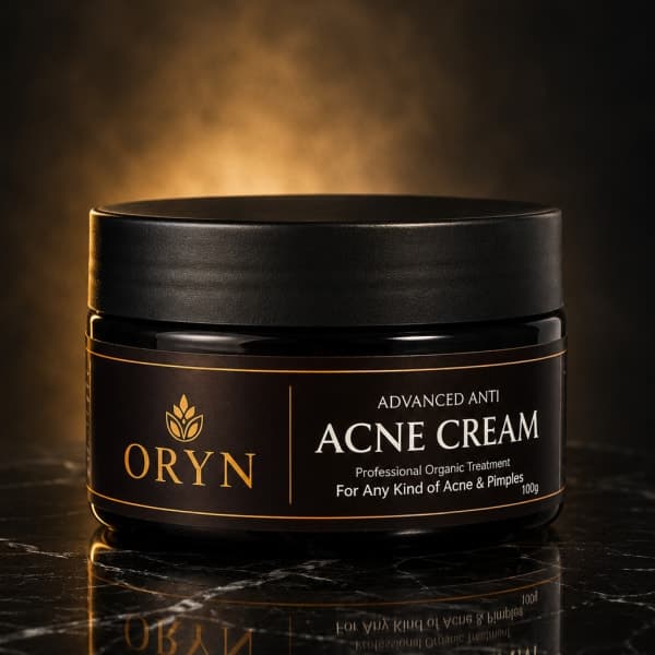 ORYN Acne Cream jar on dark marble