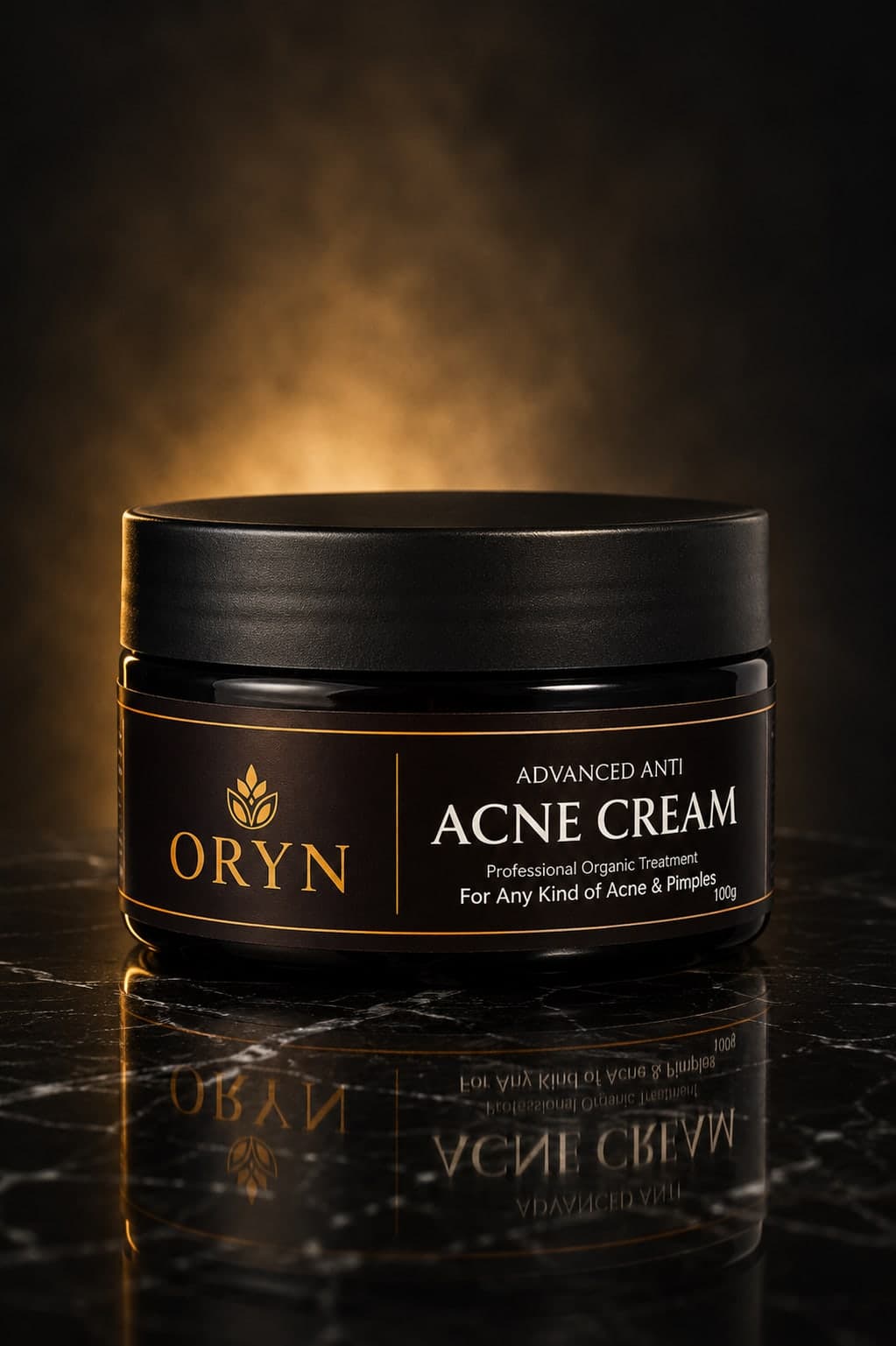 ORYN Acne Cream — a black-lidded amber jar on dark marble, lit from behind in warm gold.